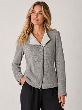 Eileen Fisher Organic Cotton Marled Knit Moto Sweater Jacket Size Small